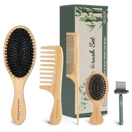 Boar Bristle Hair Brush Set – Bamboo Comb Set for Hair Growth, Paddle Detangling Hairbrush, Wide Tooth & Tail Tooth Comb and Mini Boar Bristle Travel 
