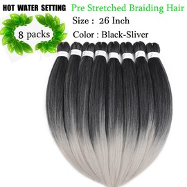 Pre Stretched Braiding Hair Extensions 26inch 8packs Mixed Color Professional Braids Hair Soft Yaki Straight Braid Hair Hot Water Setting Synthetic Crochet Hair (26inch,Mixed Black & Silver)