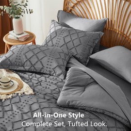 ALAOOKKA Dark Grey Tufted Comforter Set Queen Size 7 Piece Bed in a Bag,Shabby Chic Boho Comforter and Sheet Set,All Season Soft Microfiber Complete Bedding Set(Dark Grey,90"x90")