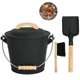 Ash Bucket with Lid and Shovel, Hand Broom and Gloves, 1.5 Gallon Small Metal Ash Bucket for Fireplace Tools Set, Fire Pits, Wood Burning Stoves, Indoor and Outdoor, Camping, Grill, Black