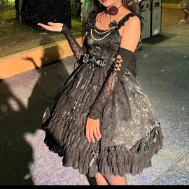 Arm Sleeves for Y2K Cute Women Gothic Lolita Fairy Grunge Fingerless Ripped Gloves Lace Straps White Black Cosplay (Black Long)