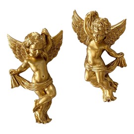 JISADER Set of 2 Resin Angel Cherub Wall Sculptures Angelic Figure Lovely 5.7inch Tall Wall Decoration for Living Room Lightweight