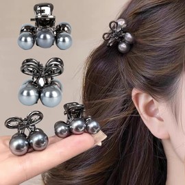 4 Pcs Mini Cherry Hair Clips, Cute Pearl Claw Clips for Women Girls, Small Cherry Claw Clip for Half Up Styles, Grey Metal Springs Hair Accessories, Birthday Gift for Girls Mother Daughter