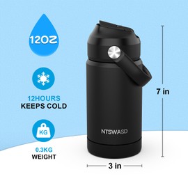 Ntswasd Boys Insulated Water Bottle with Straw,12 oz Kids Cups with Stainless Steel Leak Proof for School Daycare(2Pack，Black+Blue)