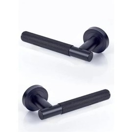 IRONZONE Marino Knurled Lever Door Handle – Matt Black | Modern Interior Door Handle on Rose | Textured Grip | Pair with Fixings | for Home & Office Use