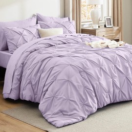 Bedsure Bedsure Queen Comforter Set Light Purple - Bed in a Bag Queen Size 7 Pieces, GentleSoft? Pintuck Bed Set Gift for Family, Pinch Pleat Light Purple Comforter with Sheets, Pillowcases & Shams