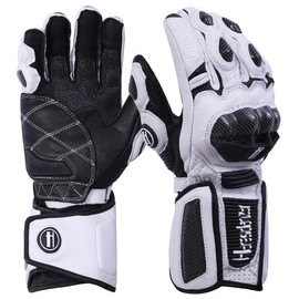 Harssidanzar Leather Motorcycle Gloves Men and Women,Powersports Carbon Fiber Knuckle Protection Motorbike Gloves KM045UK,White/Black,Size L