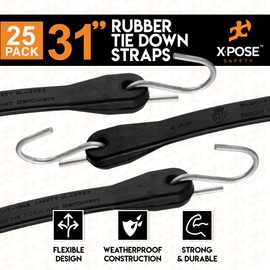 Rubber Bungee Cords with Hooks - Black EPDM Synthetic Heavy-Duty Rubber Tie Down Straps for Outdoor, 31 inch 25 Pack (47" Max Stretch) Tarp Covers, Canvas Canopies, Motorcycle, Cargo - Xpose Safety
