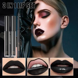Liquid Lipstick Set, Black Lip Makeup Set with Velvet Lip Glaze, Lip Gloss and Lip Liner, Long Lasting Waterproof Liquid Lipsticks for Women Long Lasting, Non-Stick Cup Non-fading