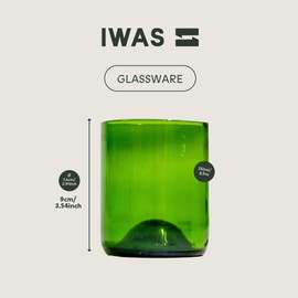 IWAS Upcycled Green Drinking Glasses | 250 ML | 8.45 OZ | Set of 6 | Sustainable Water Glasses | Environmentally Friendly Green Glasses For Home