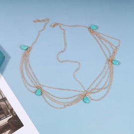 Aneneiceera Boho Layered Turquoise Headband Headchain Gold Tassel Dangle Teardrop Hair Chain Gypsy Headpieces Festival Prom Wedding Hair Accessories for Women and Girls