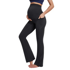 IUGA Fleece Lined Maternity Pants with Pockets Maternity Yoga Pants Flare Bootcut Pregnancy Pants Over The Belly for Work Lounge Casual Black