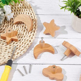 MHwan Cabinet Knobs, Pack of 6 Large Solid Wood Drawer Knobs, Children, Stars, Moon, Clouds Knob for Cupboard, Furniture Knobs, Children, Natural Decoration, Furniture Knob and Cabinet Door Knobs