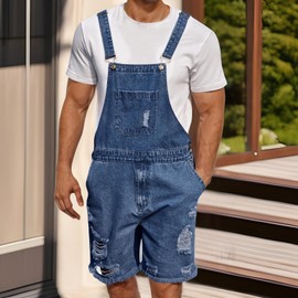 Felcia Denim Overalls for Men Jean Shorts Adjustable Straps Jumpsuit Loose Fit Work Bibs Coveralls with Pockets 2025 (B-Blue, L)