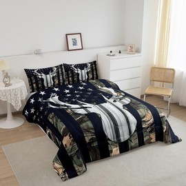 Camo American Flag Kids Comforter Sets Full Size,Deer Antlers Army Green Camouflage Bedding Comforters for Man,Western Farmhouse Animal Hunting Stars Stripes USA Flag Down Comforter RV Inside Decor