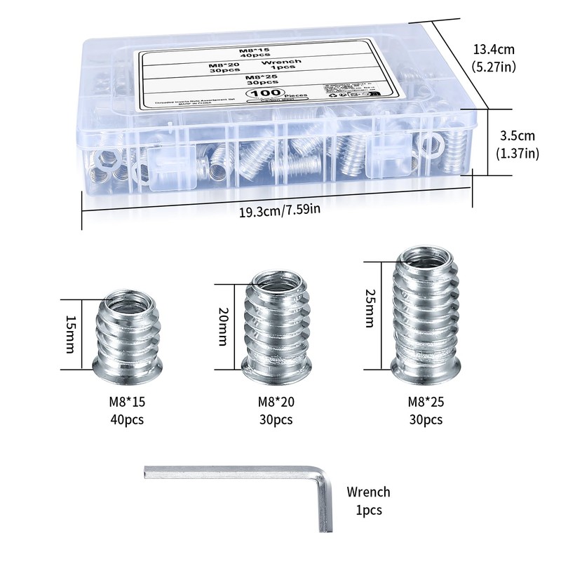 M8 Threaded Inserts for Wood, 100 Pcs - Flanged Hex