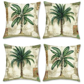 Bonhause Tropical Palm Tree Throw Pillow Covers 16 x 16 Inch Vintage Green Leaf Decorative Pillow Cases Polyester Linen Cushion Covers for Sofa Couch Indoors&Outdoors Decor Set of 4