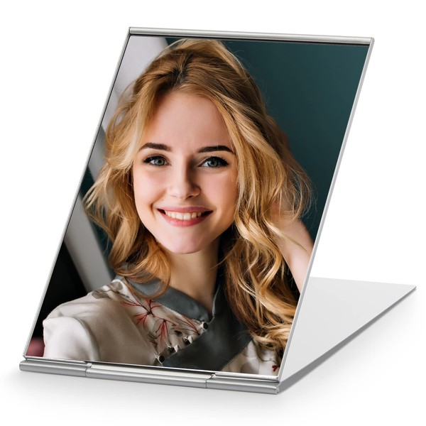 Portable Folding Mirror, Ultra-Slim Durable Makeup Tabletop Mirror for Travel with Aluminum Shell, Large Size 6"