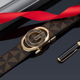 VANNANBA Cinturón de carraca para hombre, de moda, casual, de piel, con hebilla deslizante automática, Oro y café 01, 42''-45'' Adjustable Waist