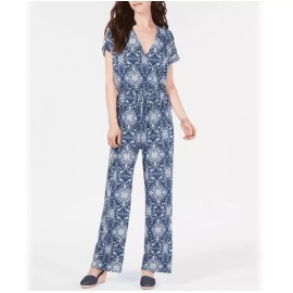 Style & Co Womens XL Blue Power Scarf Print V-Neck Short Sleeve Jumpsuit NWT