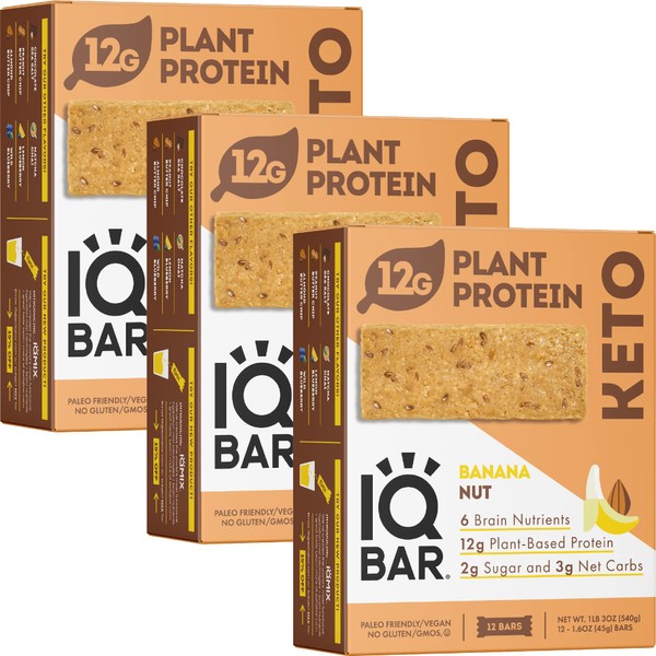 IQBAR Brain and Body Keto Protein Bars - Banana Nut Keto Bars - 36-Count Energy Bar Pack - Low Carb Protein Bars - High Fiber, Gluten Free and Low Sugar Meal Replacement Bars - Vegan Snacks