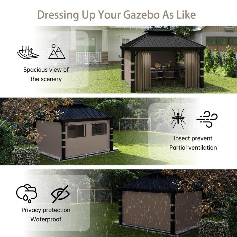 10x12 Gazebo Curtains Outdoor Waterproof, 4 Privacy Side Panels(Brown)