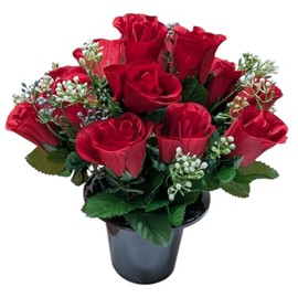INERRA Cemetery Grave Flower Pot with Artificial Red Rosebud Roses