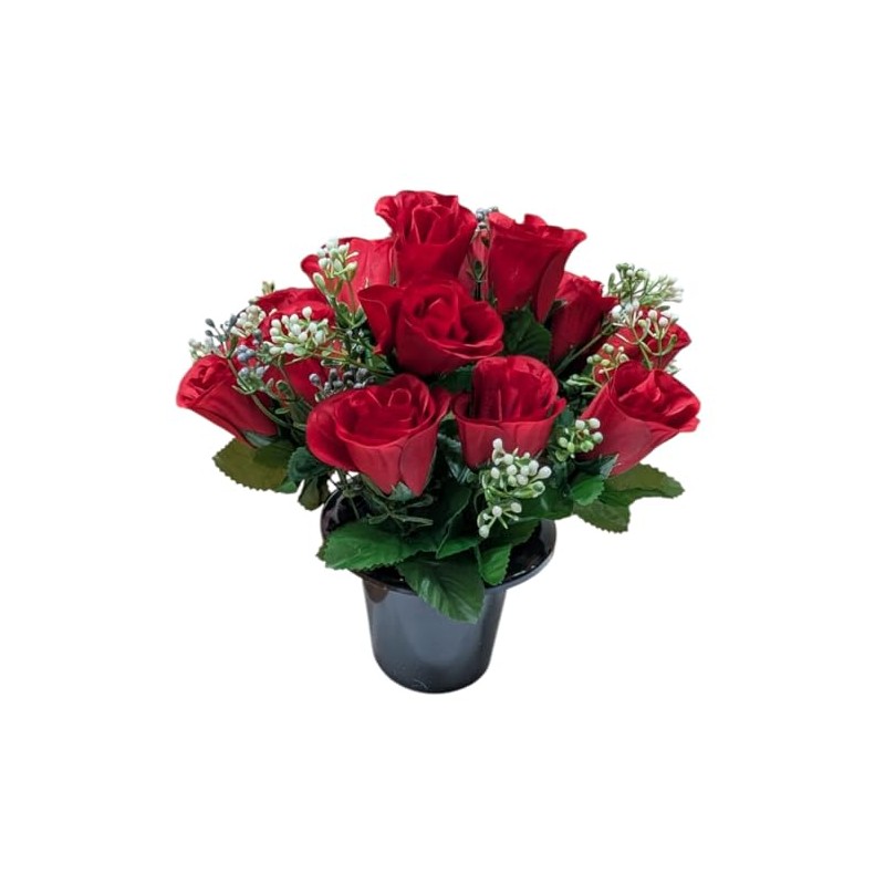 INERRA Cemetery Grave Flower Pot with Artificial Red Rosebud Roses