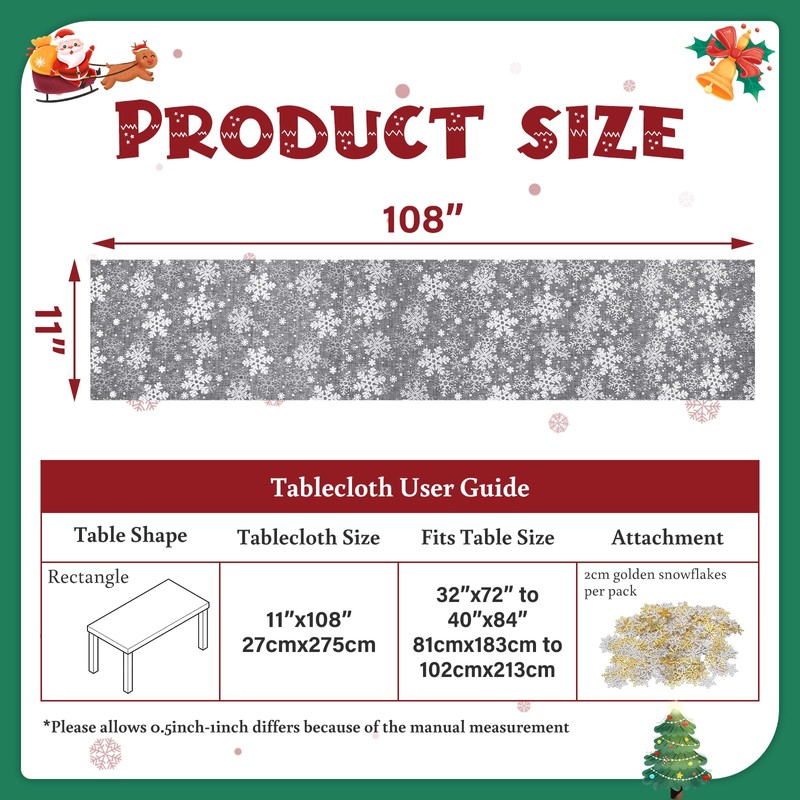 Silver Snowflake Table Runner, 27*275cm/11*108inch Glitter Xmas Long Table Runner