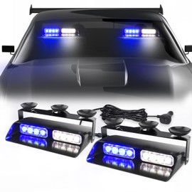 WINECO 2 in 1 Blue White Emergency Dash Strobe Lights Interior Front/Rear Windshield Warning Safety Flashing Volunteer Firefighter Police Lights for Vehicles, Trucks (2x7.16 inch, 16 LED)