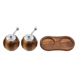 2 PCS ZONADAH Wood Round Pepper Grinder Manual Salt and Pepper Grinder Set Refillable Grinder for Spices and Seeds with Base for Pepper Prickly Ash Salt