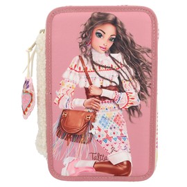 Depesche 12583 TOPModel Cosy - Filled 3-Compartment Pencil Case, Model Motif with Teddy Faux Fur, Pencil Case with Coloured Pencils, Ruler, Scissors and much more, Pink / Beige, Backpack