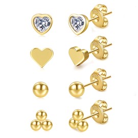 BMMYE Gold Stud Earrings for Women Ball Tiny Cartilage Gold Studs Earrings Set Cubic Zirconia Earrings Hypoallergenic Heart Sterling Silver Stud Earrings for Women