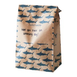 Lunchskins Recyclable Large Paper Lunch Sacs-Brown Paper Sacs With Note Area, Kraft Paper Shark Print Bags, Pack of 50