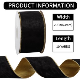 RIBBOOO Black Velvet Wired Ribbon 2.5 Inch x 10 Yards Metallic Champagne Gold Crushed Velvet Christmas Ribbon for Gift Wrapping Christmas Tree Decoration Wedding Decor Crafts Wreaths Supplies