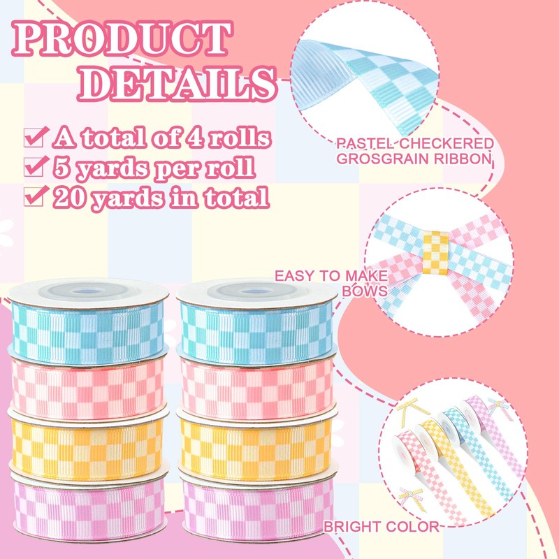 Whaline 4 Rolls Pastel Checkered Grosgrain Ribbons Fabric Craft Ribbon