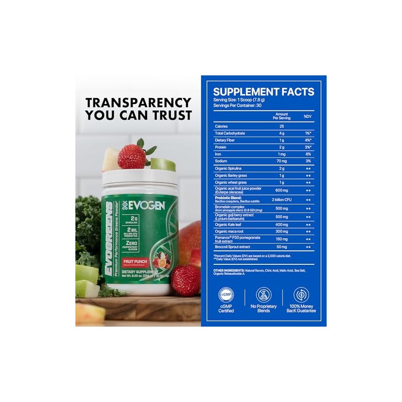 Evogen Evogreens | Superalimento verde de alto rendimiento, espirulina, granada,