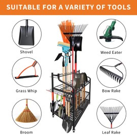 Garden Tool Organizer, Yard Tool Organizer with Wheels, Metal Yard Tools Storage, Heavy Duty Garden Tool Organizer for Garage, Partitioned Tool Organizer and Storage for Garage, Tool Stand, Outdoor
