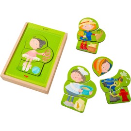 HABA 304641 Wooden Puzzle Colourful Job Mix, Puzzle Box with 24 Pieces to Combine, Wooden Toy from 18 Months