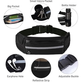 Slim Waist Bag, Running Belt Pack, Waist Pouch with Bottle and Phone Holders for Men and Women, Suitable for Running, Hiking, Walking, Cycling, Camping, Gym, Belt Size from 25" to 41" （Black）