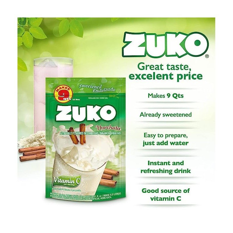 ZUKO Horchata Instant Powder Drink, Family Pack, No Sugar Needed,