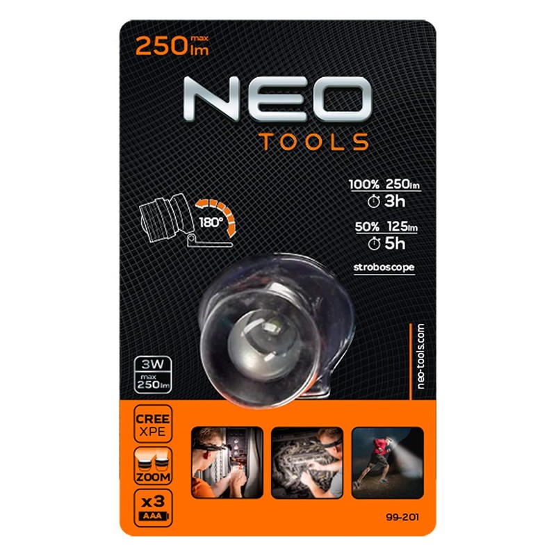 NEO TOOLS Headlamp 3 Watt Cree XPE 250 Lumens Zoom