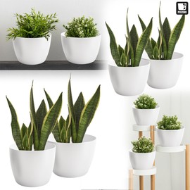 TULMERO Matte Flower Pot, Plastic Planter, Decorative Pot for Large and Small Plants, Set of 2 Flower Pot, Herb Pot, White, Diameter 25 cm