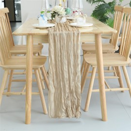 Fhberni Boho Gauze Cheese Table Runner 120 Inch Cheesecloth Shabby Chic Rustic Table Runner for Wedding, Baby Shower, Birthday, Banquets - Champagne