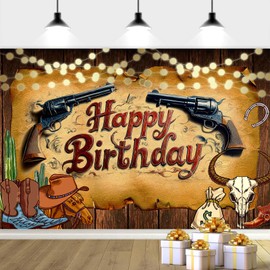 Western Cowboy Happy Birthday Backdrop, Rustic Wooden Wild West Cowboy Rodeo Background Photography, Brown Hat Cactus Country Cowboy Birthday Party Decoration Backdrop Banner Photo Booth Props 10x8ft