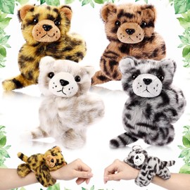 HyDren 4 Pcs Stuffed Animal Slap Bracelets for Kids,8 Inch Plush Snow Leopard Hamster Hugger Slap Bracelets Bulk Toy Hug Snap Wristbands for Girls Boys Birthday Gifts Party Favors(Snow Leopard)