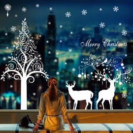 heekpek Large White Christmas Tree Reindeer Door Cover Window Stickers Removable Murals Christmas Snowflakes Window Stickers Clings Christmas Home Store Shop Window Door Decorations Window Display (A)