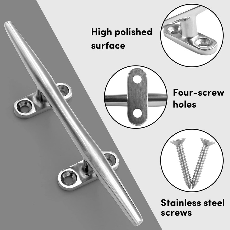8 Inch 316 Stainless Steel Boat Cleats, Open Base Dock