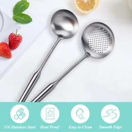 Soup Ladle and Slotted Spoon Set of 2, Metal 316 Stainless Steel Kitchen Ladles Food Strainer, Large Cooking Ladel and Fryer Scoop Kitchen Utensil Set for Stirring Serving Draining Frying