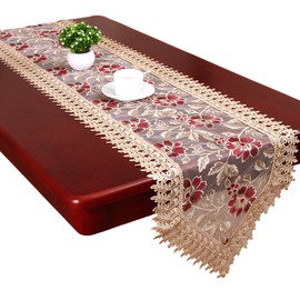 Beige Burgundy Lace Table Runners And Dresser Scarves (16 x 72 inch)